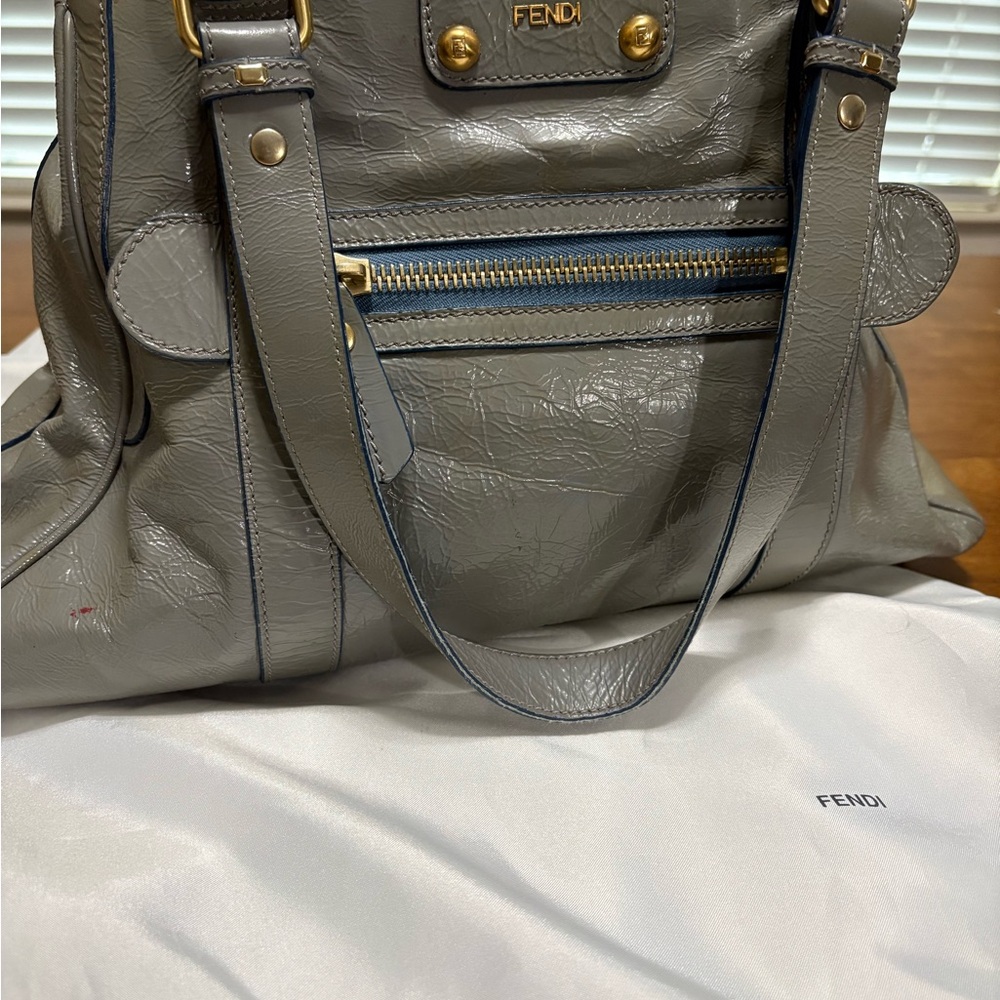 Fendi Gray Leather Shoulder Bag with Gold Accents